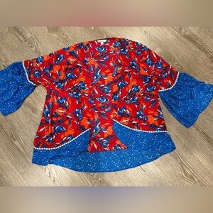 The Pioneer Woman Red and Blue Floral Flounce Blouse